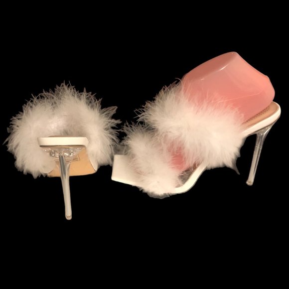 AZALEA WANG White Fluffy Slip-on Open Toe Clear Stiletto Heels NEW in Box Size 9 - Picture 3 of 8